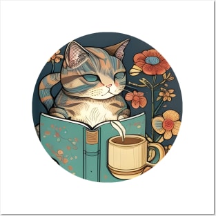 Coffee Cat Cute Kitten Reading Book - Funny Cat Coffee Posters and Art